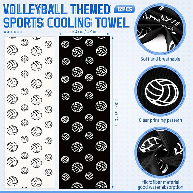 12 count Sports Cooling Towels Baseball Basketball Softball 40 x 12 Inch Breathable Soccer Football Volleyball Microfiber Ice Towel Fast Drying for Sport Party Favors Team Gift(Black,Volleyball)