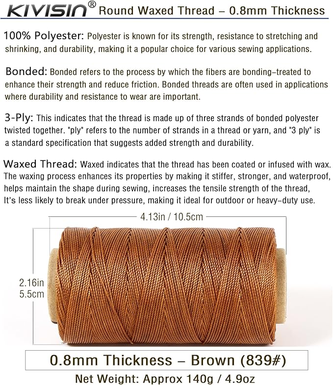 Bonded 0.8mm Round Waxed Polyester Cord, 3-ply Wax Coated Thread, 197 Yards - Image 2