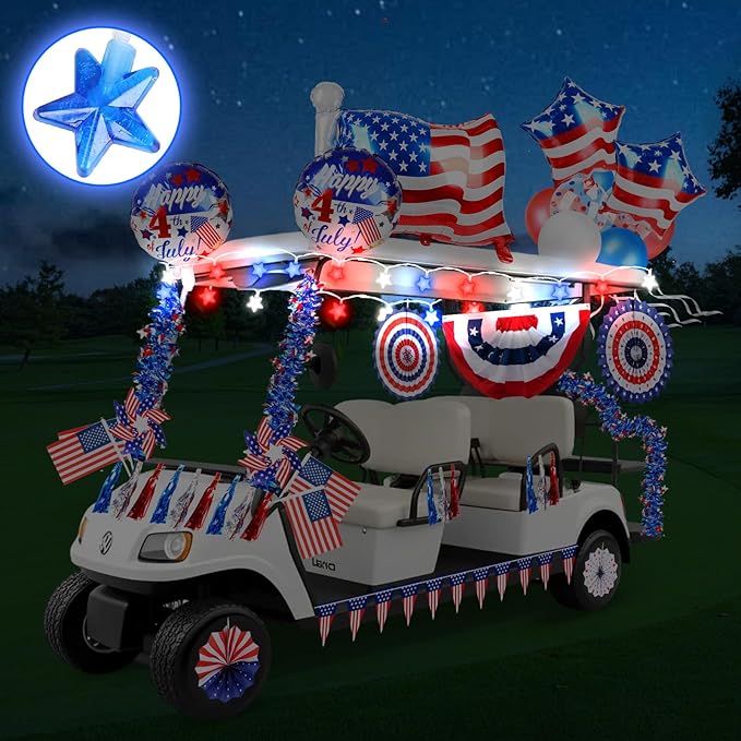 Tryly 46 PCS 4th of July Golf Cart Decorations, Patriotic Independence Day Decor with Luminous Pentagram Rope, Balloons, Flags, Windmill and Tassel, Used for Outdoor Party, Parade, Yard Decorations