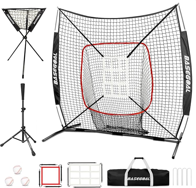 BaseGoal 6'×6' Baseball Softball Practice Net,Baseball Backstop,with Batting Tee,Ball Caddy,for Hitting Pitching Batting Catching with Bow Frame,Bonus Strike Zone,Target,Portable and Foldable