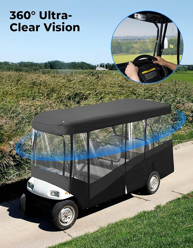 KEMIMOTO Golf Cart Enclosure, 6 Passenger Golf Cart Rain Cover, 600D Waterproof Driving Enclosure with Clear PVC Windshield for Extended Roof Golf