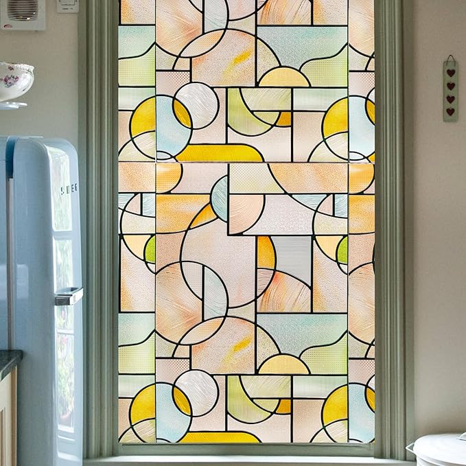 3D Stained Glass Window Privacy Film, Heat Control UV Blocking Static Cling by OHTMERU