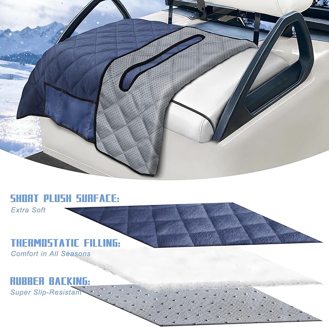 YOKYHOM Golf Cart Seat Covers with 4 Front Pockets, Thick Seat Towel Blanket with Non-Slip Backing, Fits EZGO, Club Car, Yamaha and More 2 & 4 Passenger Golf Carts, Navy Blue