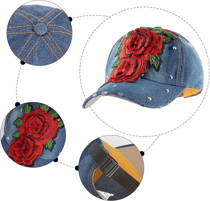 Hoce Fashion Rhinestone Denim Baseball Cap Studded Bling Hat for Women