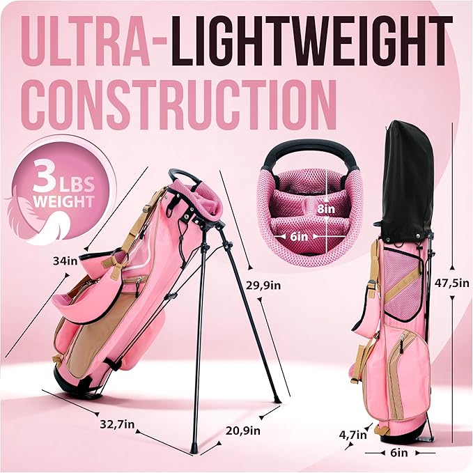 Ultra-Lite Golf Stand Bag - 3 Lbs, 4 Way Divider Portable Golf Club Carry Bag, Water-Repellent Golf Travel Case with Rain Hood, Golf Gifts for Men and Women