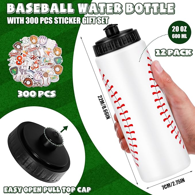 DI QIU REN 12 PCS Baseball Water Bottle Bulk with 300 PCS Stickers, 20 OZ Plastic Reusable Baseball Water Bottles for Boys, Squeeze Water Bottles Sports for Team, Sports Bottles Squeeze for Gym