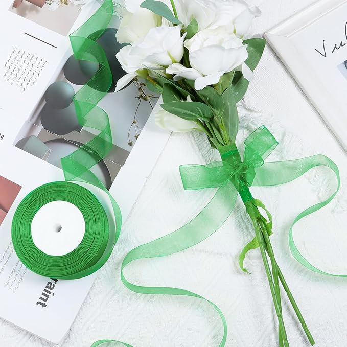Ribbon for Gift Wrapping 3/4 inch Green Sheer Organza Ribbon for Flower Bouquet - Image 4