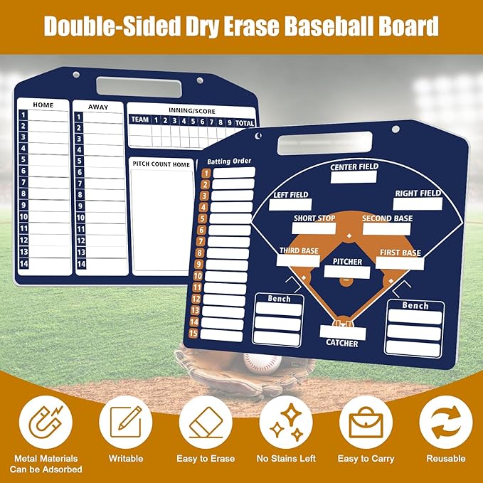 Magnetic Baseball Coach Clipboard, Anglecai Double-Sided Dry Erase Baseball Lineup Board for Softball Dugout Board Baseball Coaching Board with 30 Lineup Card/ 10 Magnet/2 Marker/2 Hook (Blue)