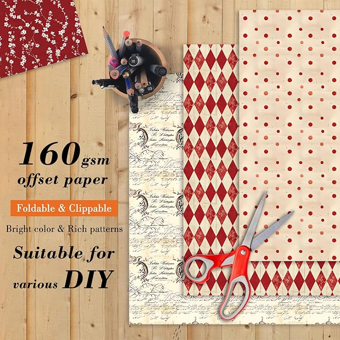 24 Sheets Red Aesthetic Scrapbooking Paper Pad - 6In x 6In Double Sided Flowers - Image 4