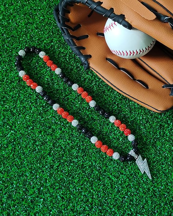 Baseball Necklace for Men 16/18/20 Inch Bling Ice Collection Lightning Bolt Pendant Necklace for Women Rhinestone Clay Beaded Discoball Accessories Gifts for Baseball Team Players Lovers