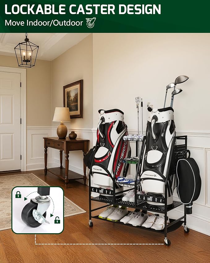 Mythinglogic 2 Golf Bag Storage Organizer, Golf Bag Stand and Other Golfing Equipment Rack for Garage, Extra Storage Rack Design for Golf Clubs