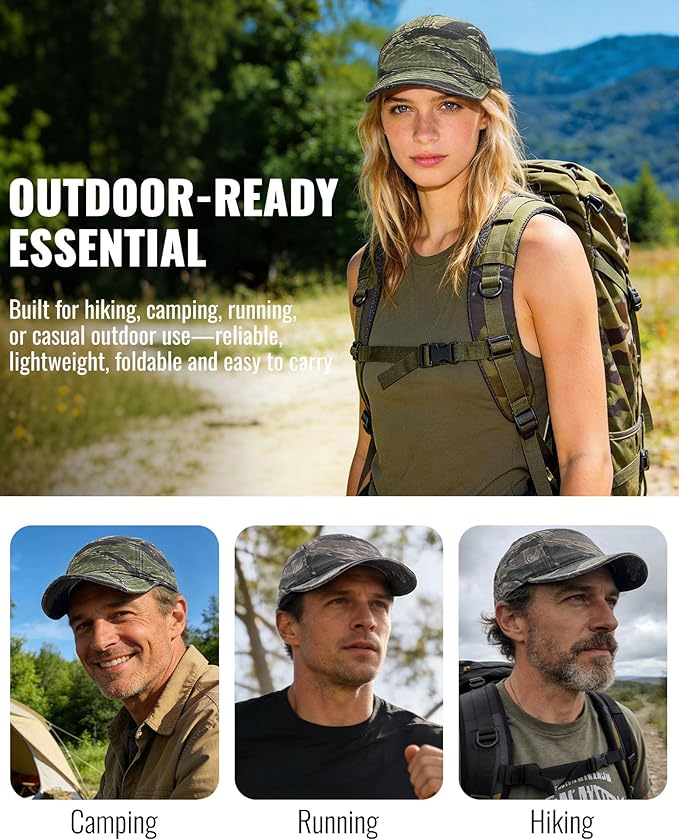 CLAPE Camo Short Brim Baseball Cap for Men, Low Profile 5 Panel Camper Hat Breathable Cotton Summer Outdoor Cool Running Hat