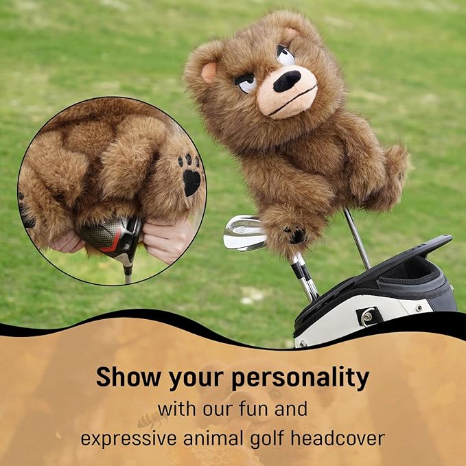 Brown Bear Golf Headcover Ultra Soft Plush Animal Funny Golf Club Head Cover for 460cc Driver, Cute Cartoon Bear Golf Accessories Gift for Men Women Golfers