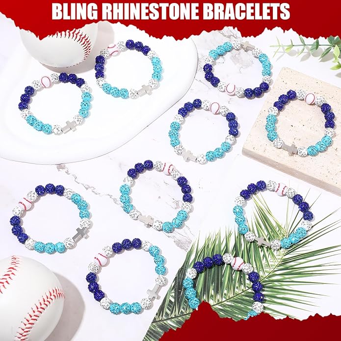 Landical 12 Pcs Baseball Ice Bracelet Beaded Charm Bracelets Cross Accessory Gifts for Baseball Team Party Favors