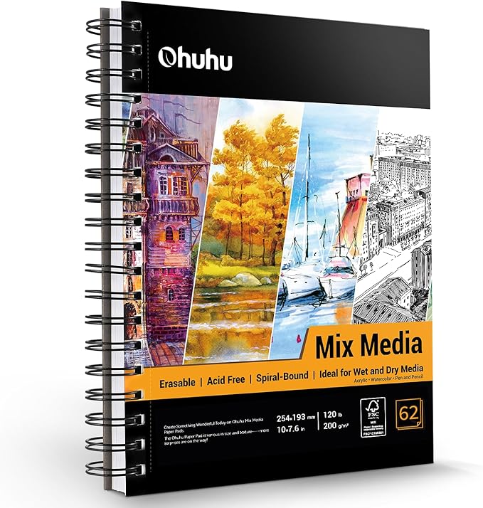 Ohuhu Mix Media Pad, 120 lb/200 gsm Heavyweight Papers, 62 Sheets/124 Pages by Ohuhu