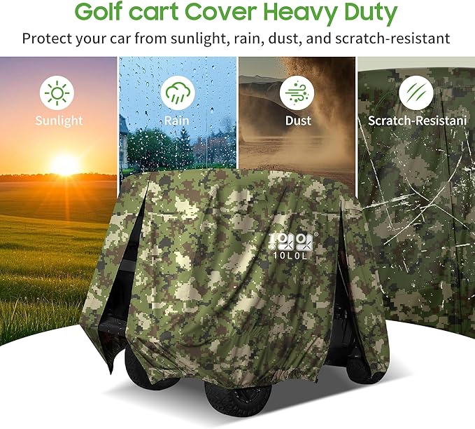 10L0L Universal Golf Cart Covers for Yamaha, Club Car, EZGO, Waterproof 2/4 Passenger Heavy Duty Golf Cart Rain Covers with 3 Zipper Doors Extended Roof for Outdoor All-Weather Protection