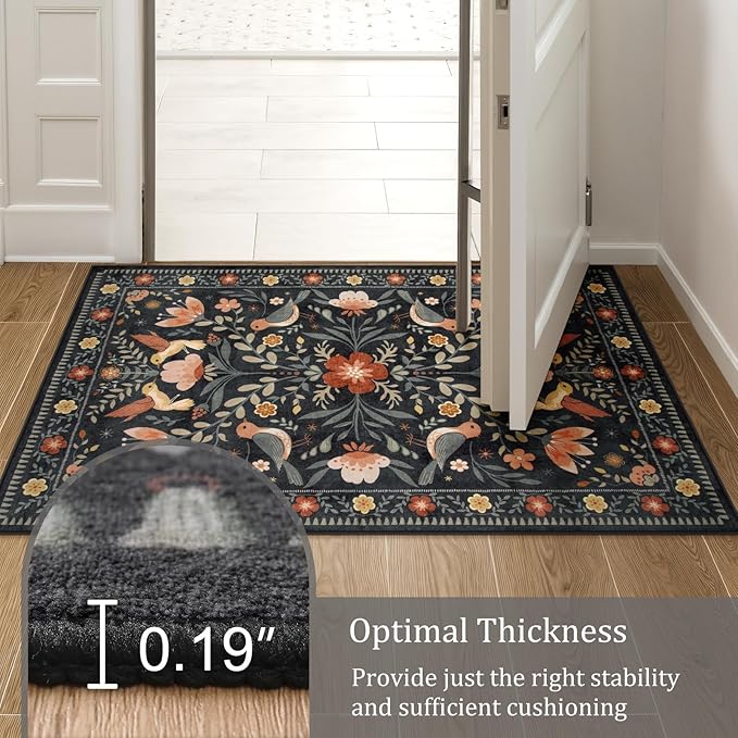Morebes Washable Black Floral Rug 5x7, Flower Birds Area Rugs - Image 6