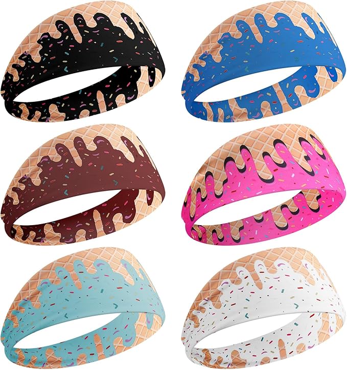 6 Pcs Ice Cream Baseball Headbands, Elastic Polyester Sweatband Multi Color Headbands for Basketball Football Golf Ice Cream Drip Headscarf Baseball Stuff for Men
