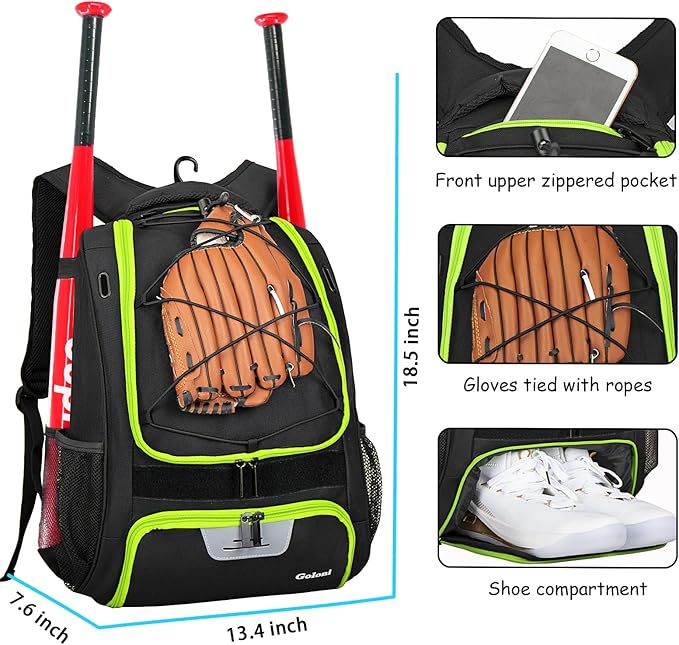 Goloni | Baseball Backpack,Baseball Bag for Adult,Softball Bat Bag with Shoes Compartment,Large Main Compartment for Helmet & accessories, Fence Hook