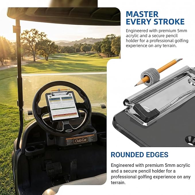 Golf Cart Scorecard Holder with Pencil Holder for Club Car/EZGO/YA/Icon/Star Car/Excar and Other Most Golf Carts. Clear/Black-Tinted are Available 5mm Thick Acrylic and More Sturdy.