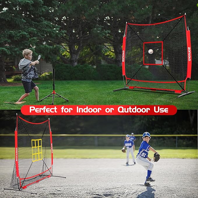 ZONLOLO 6x6ft Baseball & Softball Net for Hitting,Pitching and Batting, Throwing,Baseball net with Sturdy Bow Frame,Battting Tee,Strike Zone, Middle Size,Suitable for Kids!