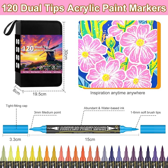 120 Colors Dual Tip Acrylic Paint Markers，Waterproof, Odorless Acrylic Markers - Image 4