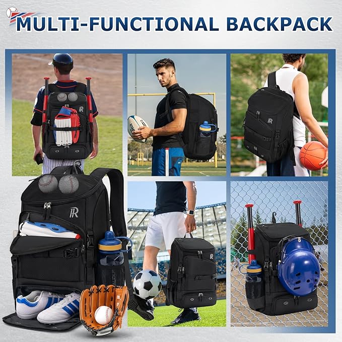 RAINSMORE Baseball Bag for Youth & Adult 40L Large Softball Bag Lightweight Baseball Backpack with Helmet Holder, Shoe Compartment, Fence Hook Waterproof Bat Bag for Baseball Softball Tball Equipment