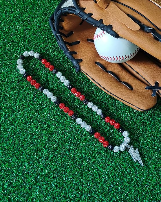 Baseball Necklace for Men 16/18/20 Inch Bling Ice Collection Lightning Bolt Pendant Necklace for Women Rhinestone Clay Beaded Discoball Accessories Gifts for Baseball Team Players Lovers