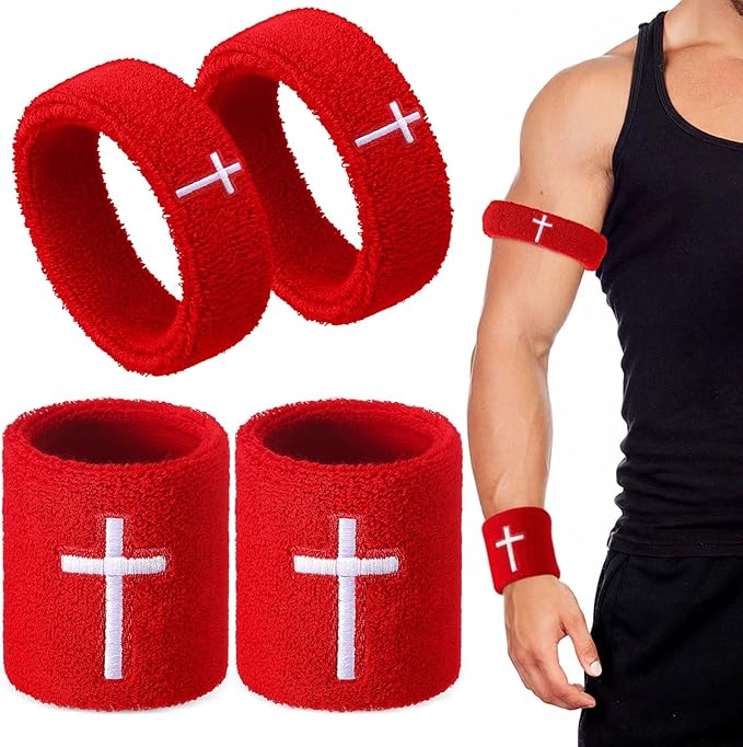 Soulchen 4 pcs Cross Bicep Bands Wrist Bands Christian Arm Sweat Wristbands Absorbent Armband for Men Women Football Baseball Players Sports Activities Supplies