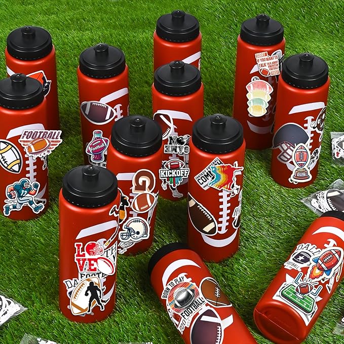 Football Party Favors, 12 Pack Football Water Bottles with 300 PCS Stickers, 20 oz Sports Squeeze Bottle, BPA-Free Reusable Water Bottles Bulk for Boys, Gifts For Team