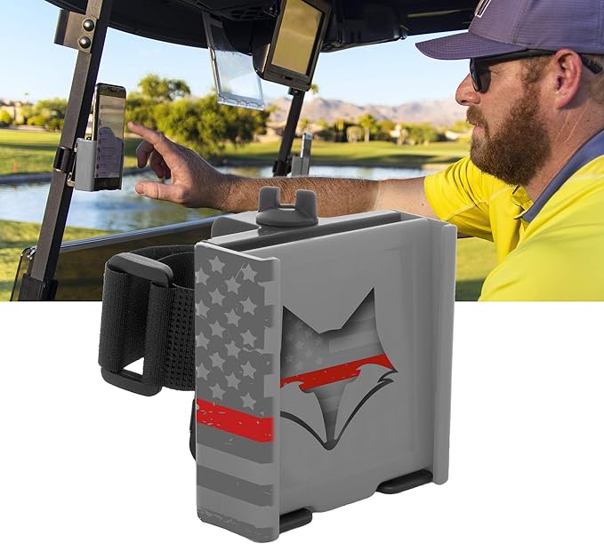 DESERT FOX GOLF Phone Caddy – American Flag Golf Cart Phone Holder – Secure Velcro Mount, One-Hand Access, Universal Fit, Patriotic Golf Accessories (Red Line)