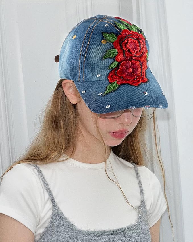 Hoce Fashion Rhinestone Denim Baseball Cap Studded Bling Hat for Women