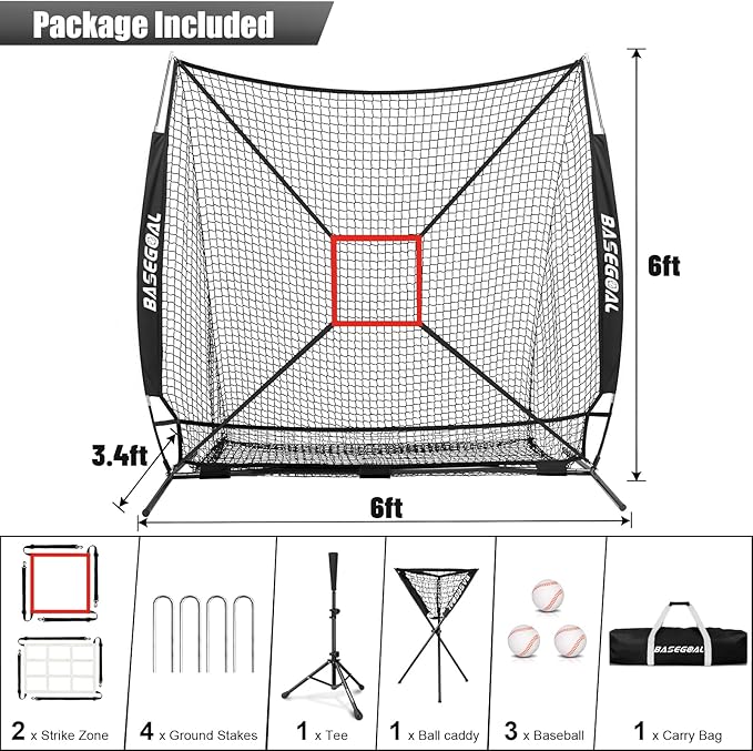 BaseGoal 6'×6' Baseball Softball Practice Net,Baseball Backstop,with Batting Tee,Ball Caddy,for Hitting Pitching Batting Catching with Bow Frame,Bonus Strike Zone,Target,Portable and Foldable