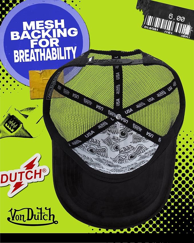 Von Dutch Unisex Trucker Hat - Velvet Curved Bill Mesh Back Retro Classic Adjustable Snapback Baseball Cap for Men and Women