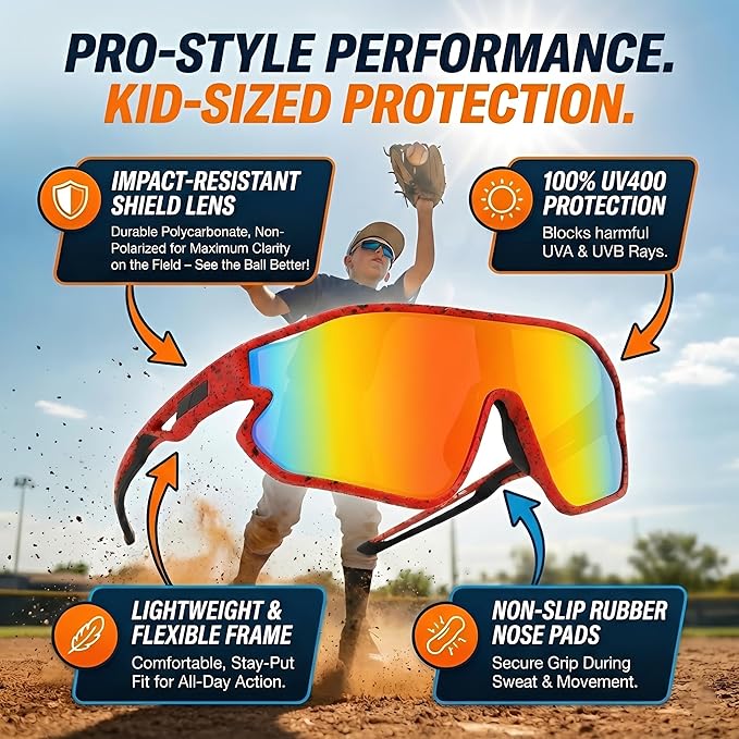 Kids Baseball Sunglasses - Youth Baseball Sunglasses for Boys Girls - Sports Softball Shades Age 6-14
