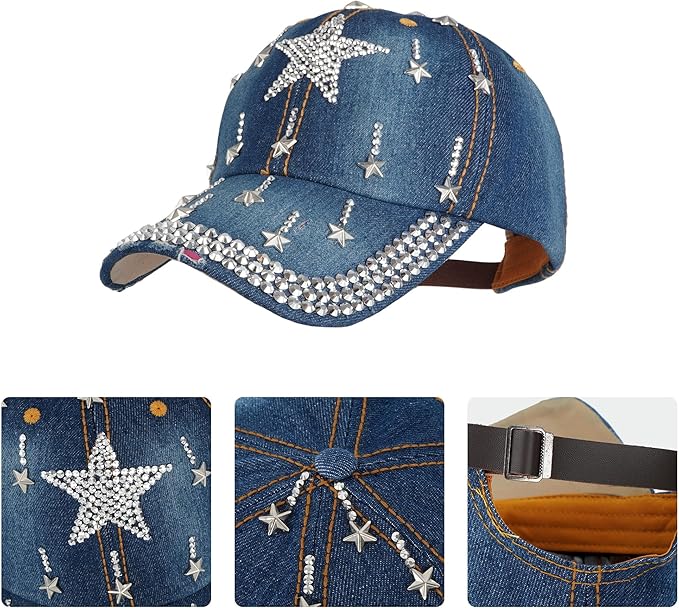 Hoce Fashion Rhinestone Denim Baseball Cap Studded Bling Hat for Women