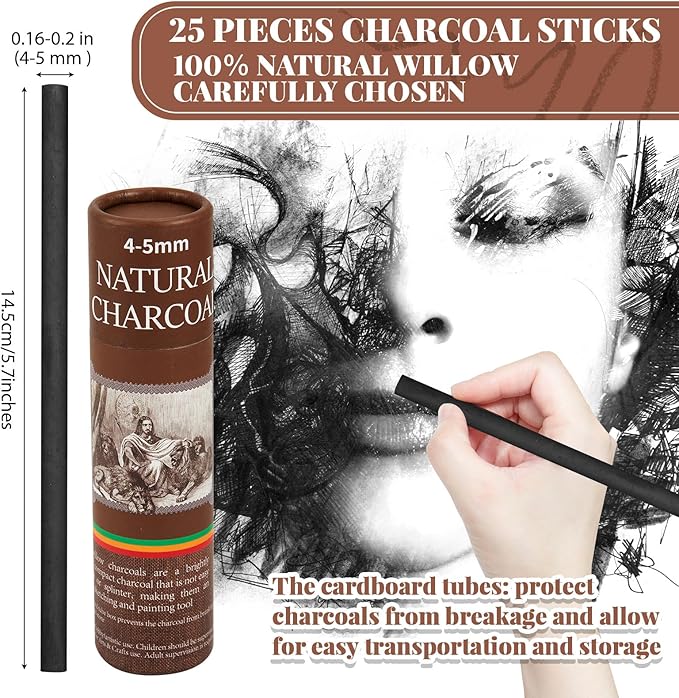Gueevin 25 Pcs Willow Charcoal Sticks, Willow Charcoal, and Fine Art Christmas - Image 2