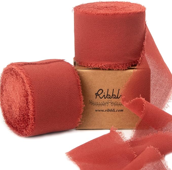 Ribbli Rust Red Chiffon Ribbon 1-1/2 inch x 20 Yard Handmade Fringe Chiffon by Ribbli