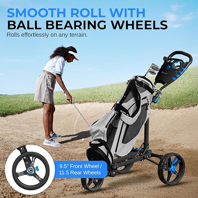 SereneLife Golf Cart Lightweight Foldable Golf Push Cart - Aluminum Folding Trolley with Adjustable Handle, Elastic Bag Straps, Dual Brakes, Scorecard & Cup Holders for Easy Maneuverability