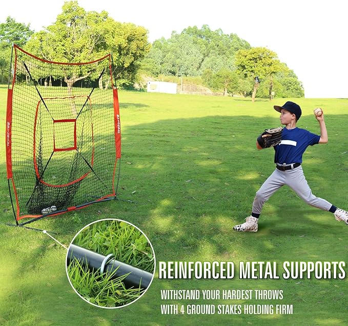 BaseGoal 7'×7' Baseball Softball Practice Net,Baseball Backstop,with Batting Tee,for Hitting Pitching Batting Catching with Bow Frame,Bonus Strike Zone