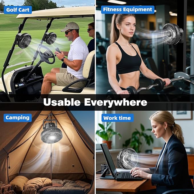 Roykaw 10400 mAh Magnetic Golf Cart Fan Portable Rechargeable Battery Powered, 24+ Hrs, w/LED Lights, Compatible with EZGO/Club Car/Yamaha & All Ironic-Body, Cordless & Remote Control, 2 PCS