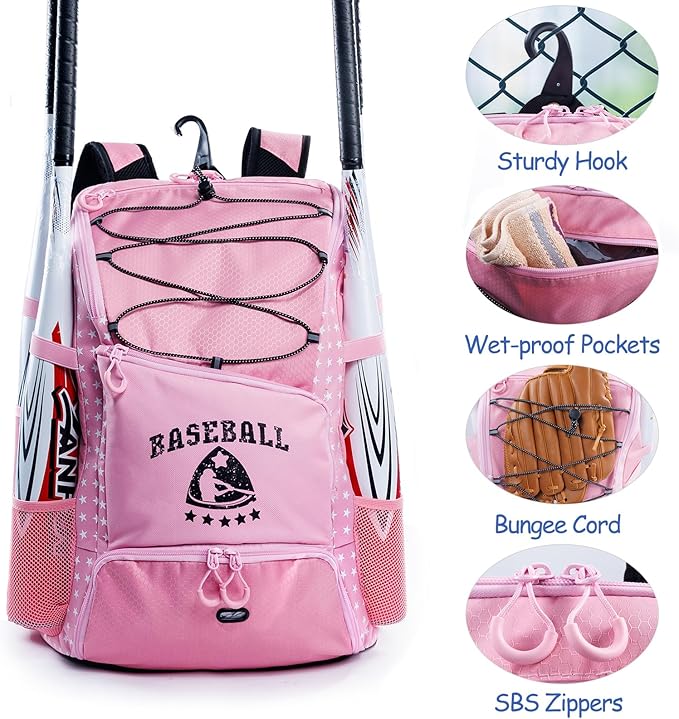Baseball Bag for Youth & Adult with 4 Bat Sleeves - Softball Bat Bag with Shoe Compartment - Baseball Backpack for T-Ball, Softball Equipment, Baseball Gear, Baseball Bags for Boys 8-12