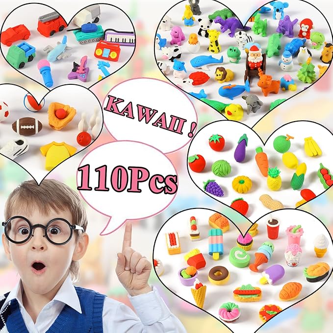 110Pcs Animal Erasers Kids Desk Pets Pencil Erasers 3D Puzzle Eraser Bulk Mini - Image 2