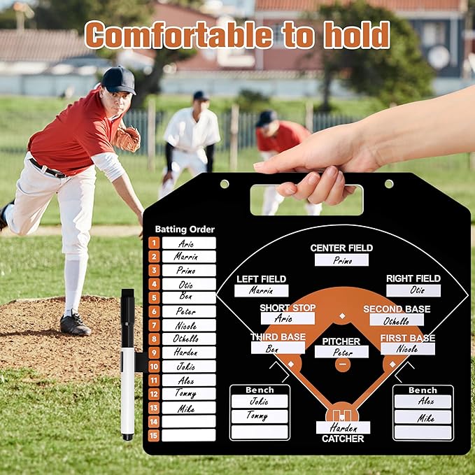 Magnetic Baseball Coach Clipboard, Anglecai Double-Sided Dry Erase Baseball Lineup Board for Softball Dugout Board Baseball Coaching Board with 30 Lineup Card/ 10 Magnet/2 Marker/2 Hook (Black)