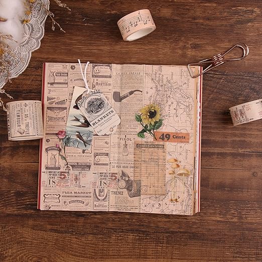 Dizdkizd Washi Tape Set, 12 Rolls Antique Masking Tape Washi Tape Map Newspaper - Image 4