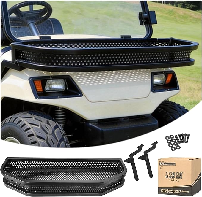 10L0L Golf Cart Front Cargo Basket for EZGO TXT/RXV、Club Car DS/Precedent、Yamaha G22/G29 - Heavy-Duty Steel Mesh Storage Rack, Gas/Electric Compatible