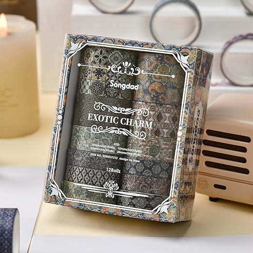 12 Rolls Exotic Charm Washi Tape Set Floral Arts Adhesive Tapes Geometric - Image 3