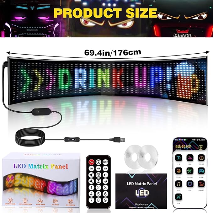 1 Pack 70inx7.6in Huge Devil Eyes Light for Car Truck Windshield, Large Programmable Devils Eye LED Soft Screen, Flex Display Truck Eyes, Big Devil Eyes for Windshield Dynamic LED Car Devil Eyes