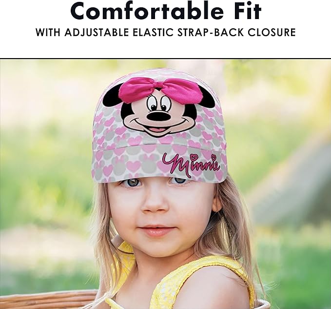 Disney Girls Baseball Cap-3D Bow Curved Brim Strap Back Hat (4-7), Size 2-4T, Minnie Mouse Hearts