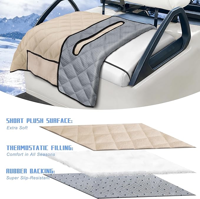 YOKYHOM Golf Cart Seat Covers with 4 Front Pockets, Thick Seat Towel Blanket with Non-Slip Backing, Fits EZGO, Club Car, Yamaha and More 2 & 4 Passenger Golf Carts, Khaki